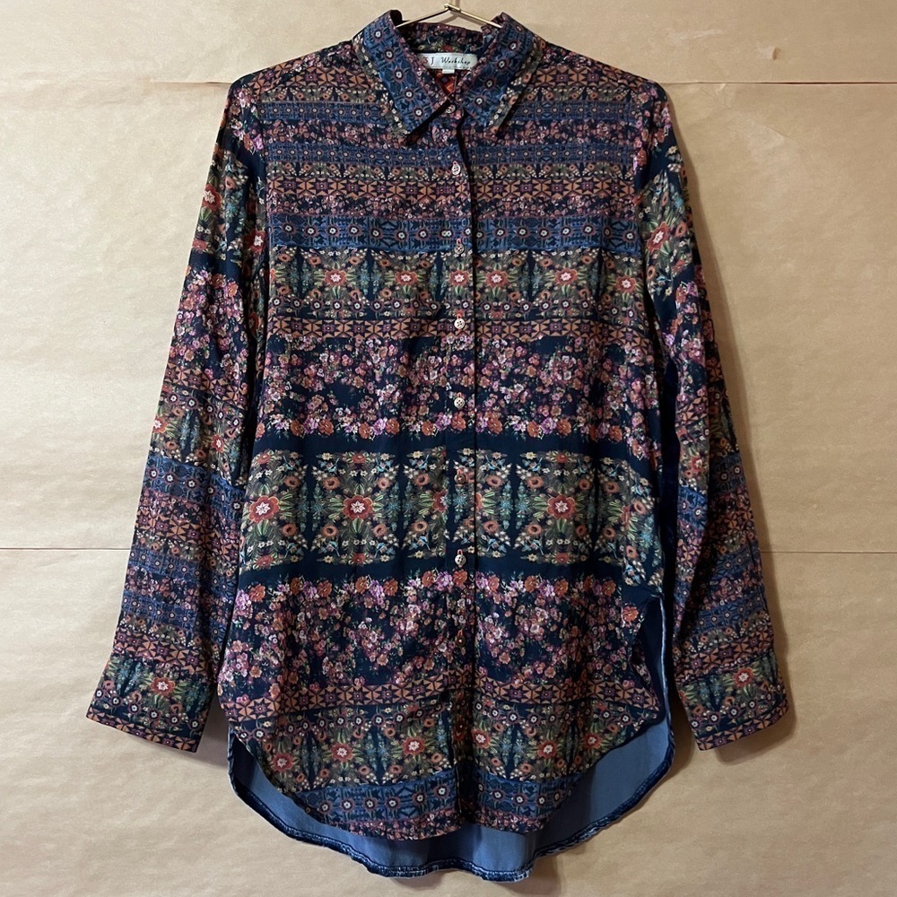Johnny Was | Floral Button Front Shirt Velvet Back Top Cotton Silk Size XS